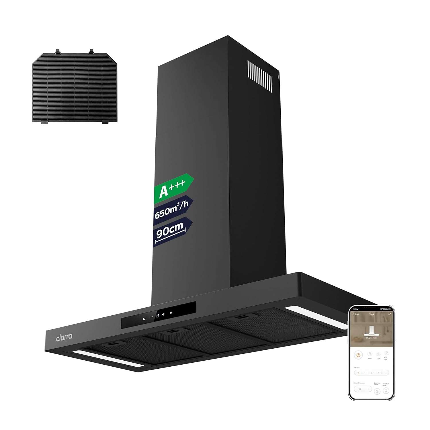 Ciarra 90cm Cooker Hood CBCB9102P Smart App WIFI Touch Control 650m³/h Recirculating&Ducting Wall Mount Hood Kitchen Extractor Fan 4-Speed with Booster Function Dimmable LED...