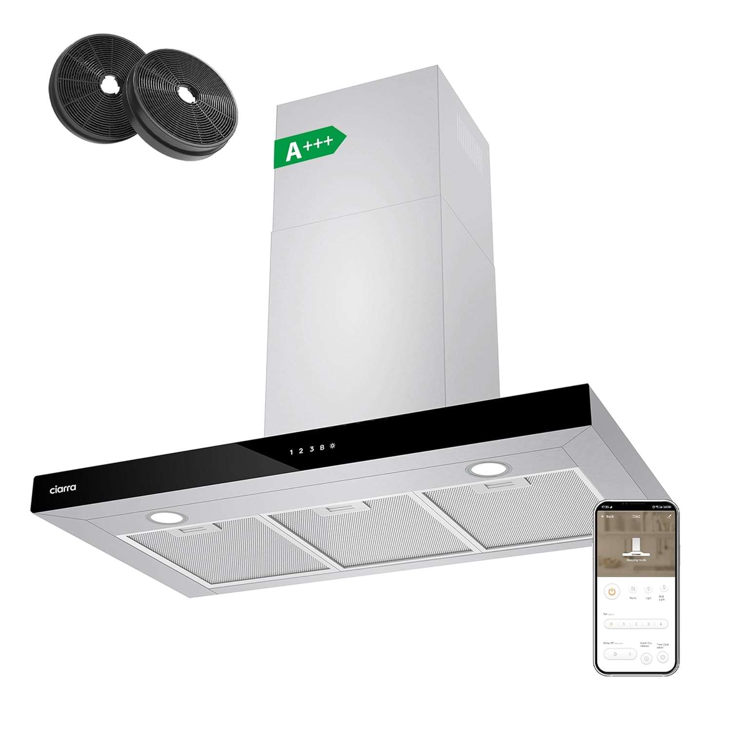 Ciarra CBCS9102 90cm Cooker Hood Wall Mount Chimney Hood Recirculating&Ducting 650 m³/h with 4 Speed WIFI APP Touch Control Kitchen Extractor Fan with CBCF003 Carbon Filters