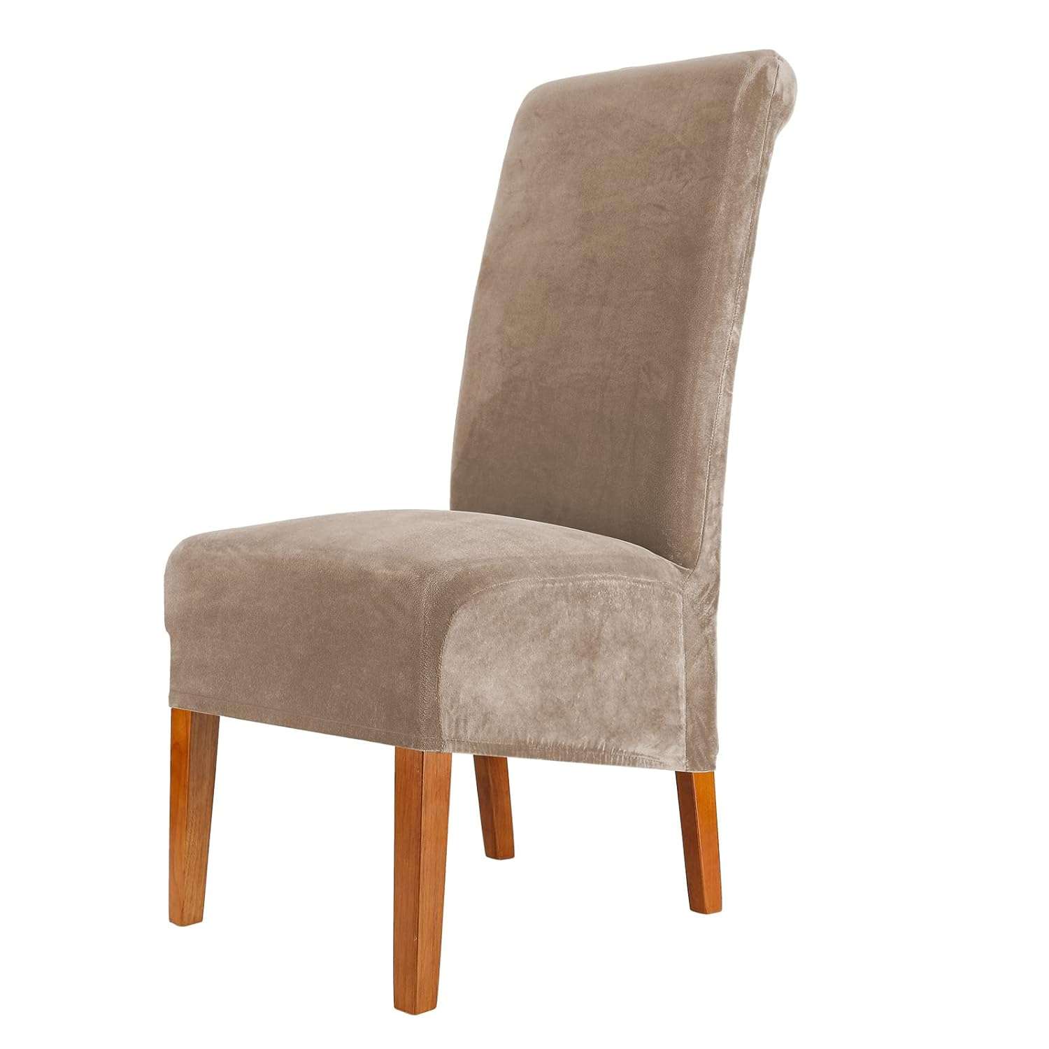 CMAKER Velvet Dining Chair Covers, Stretch Large Chair Slipcovers, Spandex High Back Chairs Cover Elastic Washable Removable XL Chair Protector,Set of 4,Camel