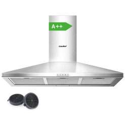 COMFEE' 90 cm Chimney Cooker Hood Class A++ Extractor Hood with LED and Recirculating & Ducting System Wall Mounted Range Hood 900 mm Extractor Fan kitchen with Carbon Filters