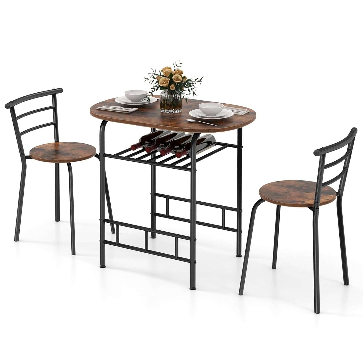 COSTWAY Premium 3 Piece Dining Set, Breakfast Table and 2 Chairs with Metal Frame and Shelf Storage, Compact and Modern Design for Kitchen, Living Room, Office, Bars and...
