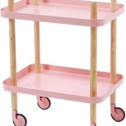 Craftelier - Organization Side Cart with Wheels - Wooden Design with 2 Metal Trays for Craft Objects Storage, Pink Stitching | 63 x 56 x 35.5 cm