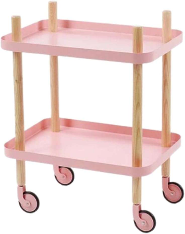 Craftelier - Organization Side Cart with Wheels - Wooden Design with 2 Metal Trays for Craft Objects Storage, Pink Stitching | 63 x 56 x 35.5 cm