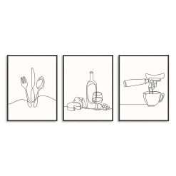Dazzlewall 3Pcs Minimalist Line Kitchen Wall Art Decor, Black and White Abstract Line Wall Art Prints for Dining Room Coffee Bar Living Room Decor 12x16 in Unframed