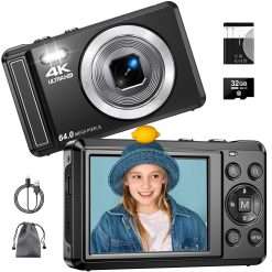 Digital Camera 4K 64 MP Autofocus Camera with 16x Digital Zoom, 2.8'' Compact Digital Camera with 32GB Card and Batteriey for Beginners, Kids, and Teenagers, Boys, and Girls