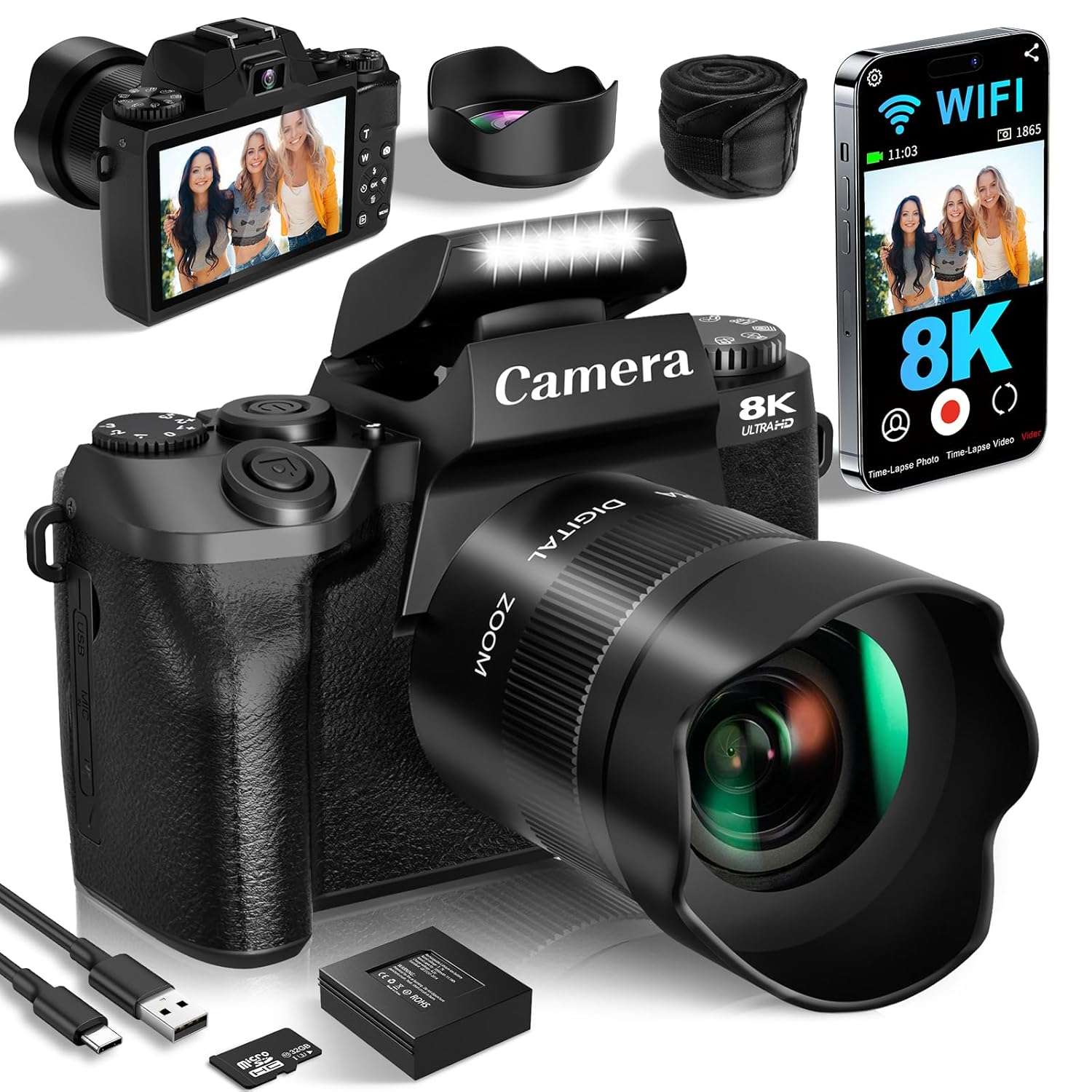 Digital Cameras for Photography, 8K 64MP Vlogging Camera for YouTube with 4" Touch Screen, Dual Front/Rear Cameras with LED Fill Light, 3000mAh Battery, Lens Hood, Hot Shoe &...