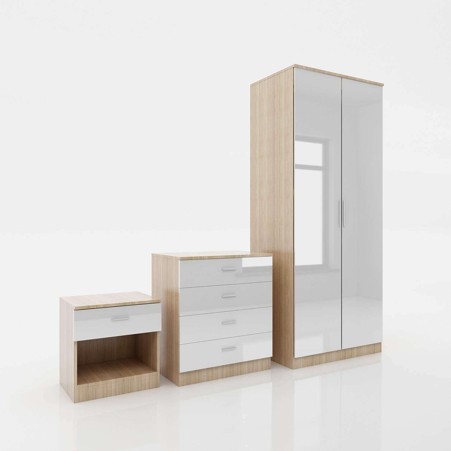ELEGANT 3 Piece Bedroom Furniture Sets High Gloss Soft Close Wardrobe + 4 Storage Drawer Chest of Drawers + Bedside Cabinet, White-Oak Wardrobe and Chest of Drawers Set (Mirror...