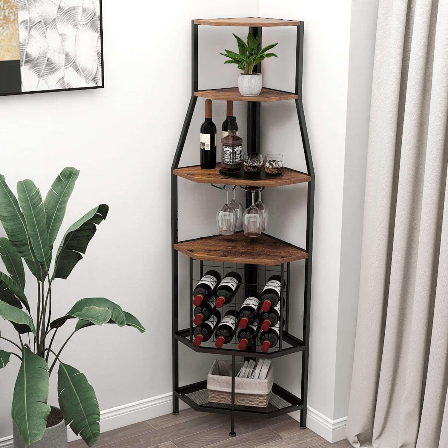 Espelism 5-Tier Corner Wine Rack Floorstanding with Glass Holder and Bottles Wine Storage Home Bar Furniture for Home Kitchen Dining Room Industrial Metal and Wooden Corner Shelf