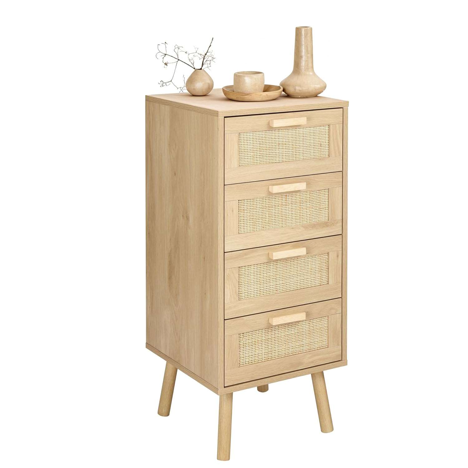 Finnhomy Rattan Chest of Drawers Bedroom, Tall Chester of Drawers with 4 Hand Made Rattan Decorated Drawers for Bedroom, Small Bedside Cabinet with Wood Legs, Natural