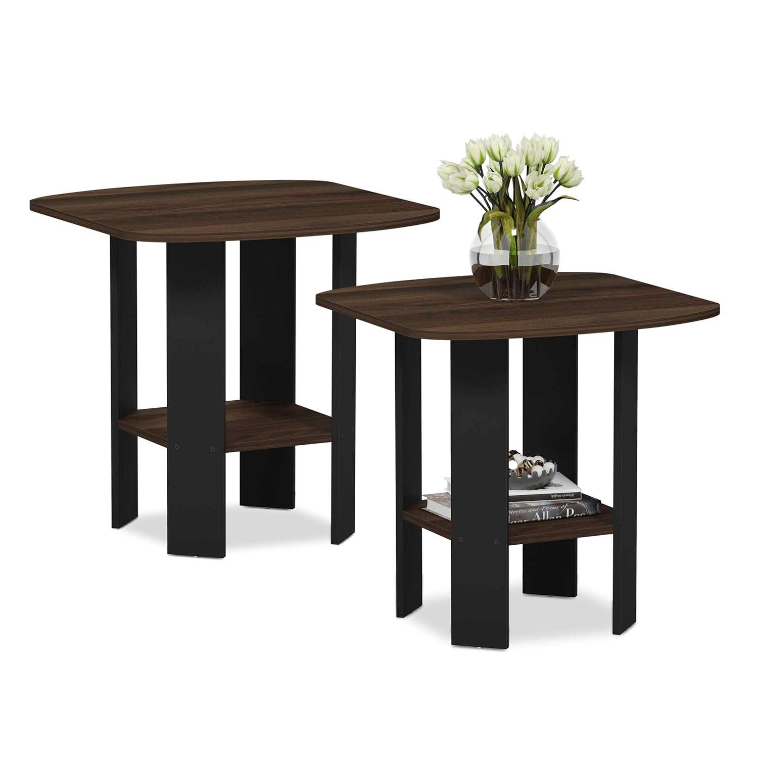 FURINNO End/Side Table, Wood, Columbia Walnut/Black, 2-Pack