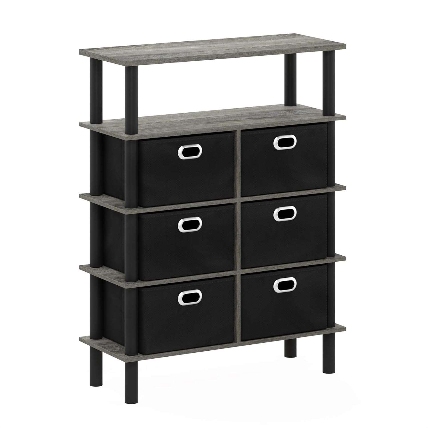 Furinno Frans Turn-N-Tube Console Table with Bin Drawers, French Oak/Black/Black