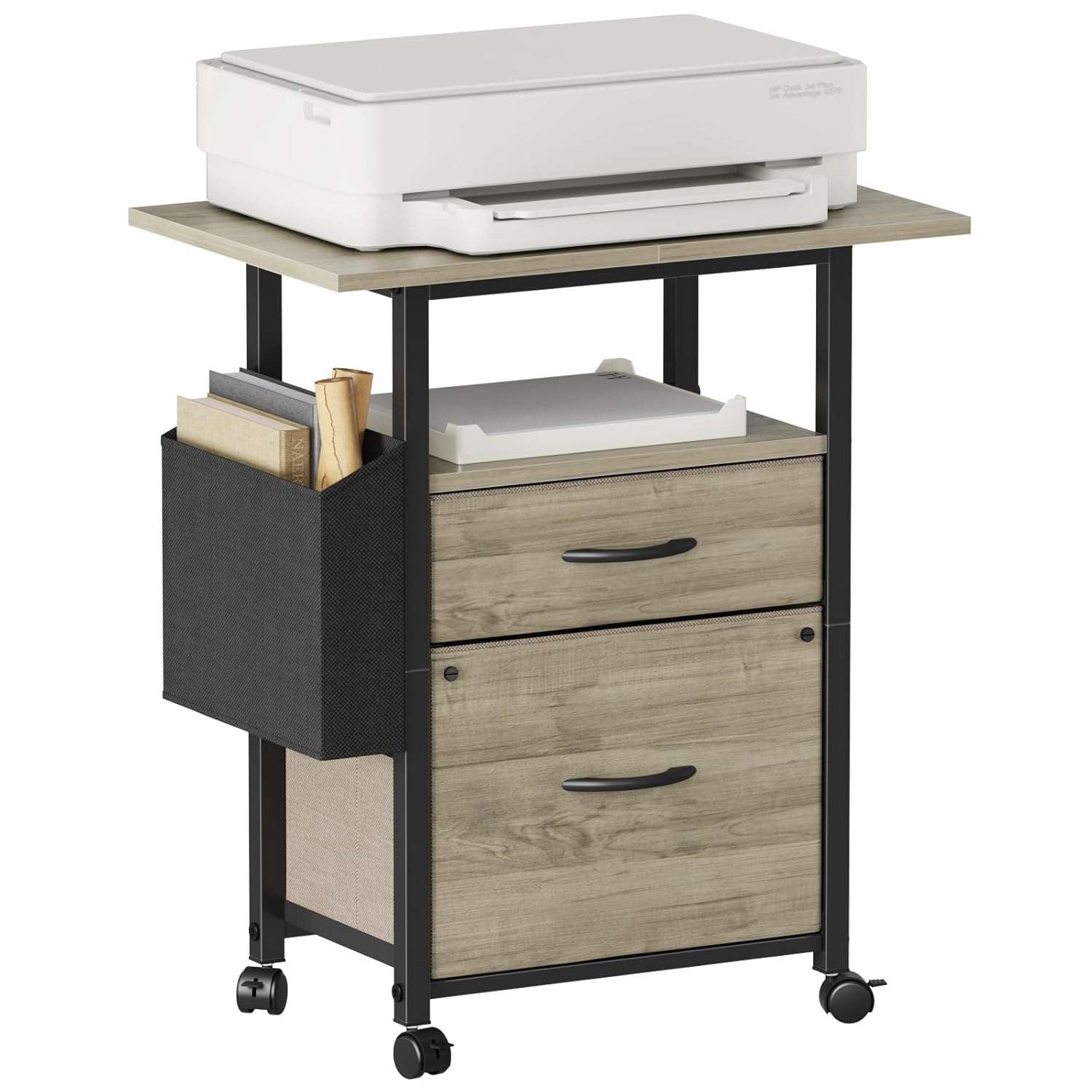GYIIYUO 2 Drawer File Cabinet with 24'' Extended Desktop, Mobile Filing Cabinet, Rolling File Cabinet with Side Bag, Fabric Drawer, Fits A4 Size, Home Office, Oak Grey