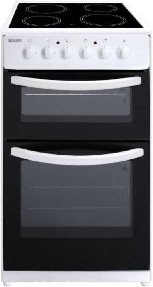 Haden 50cm Freestanding Double Oven Electric Cooker - 4 Zone Ceramic Hob and Fan-Assisted Lower Oven - Easy To Clean Enamel Interior - Double Glazed Glass Doors