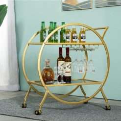HEONITURE Round Gold Bar Cart 2 Mirrored Shelves Bar Serving Cart with Wheels and Glass Holder, Mobile Wine Cart for The Home/Kitchen/Club/Living Room