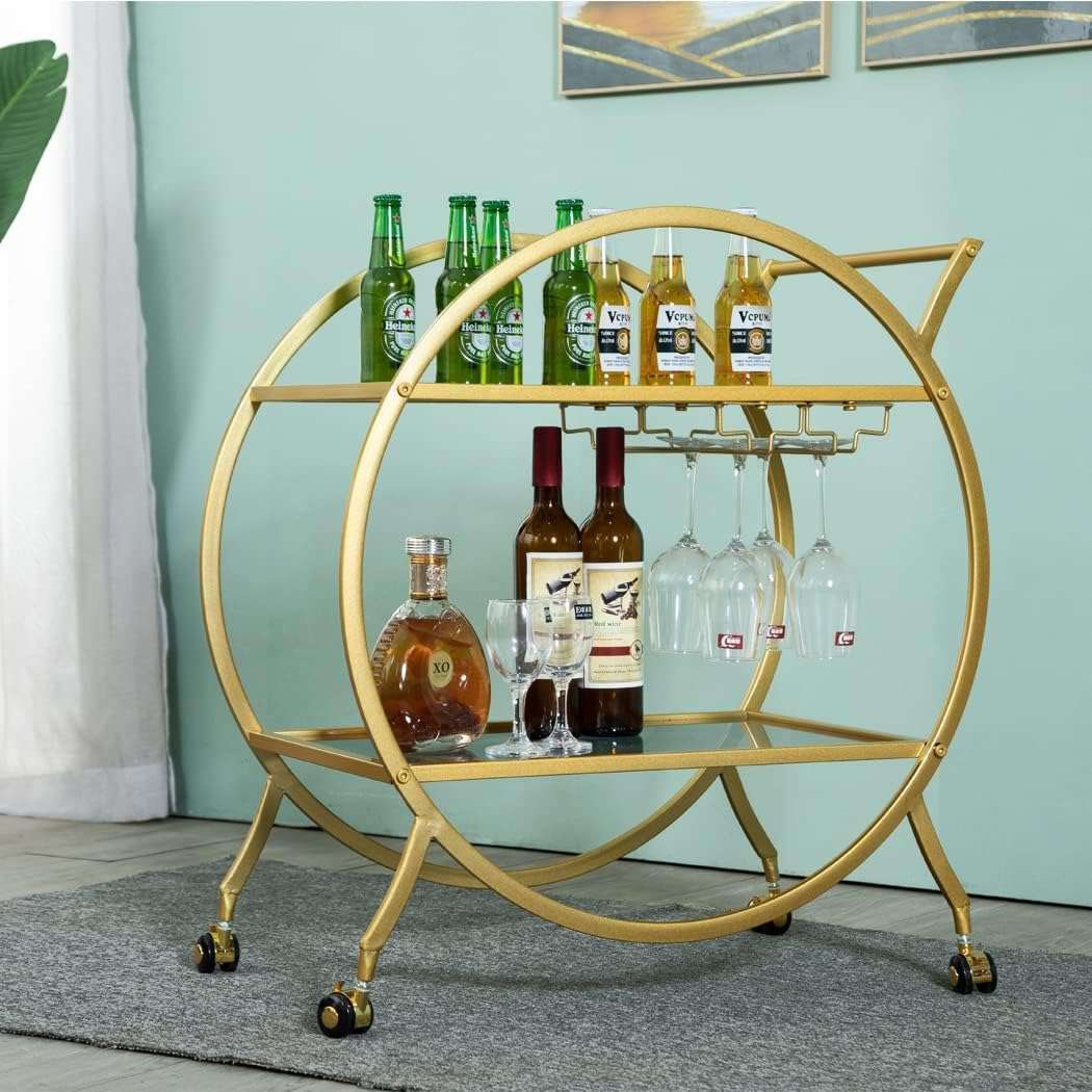 HEONITURE Round Gold Bar Cart 2 Mirrored Shelves Bar Serving Cart with Wheels and Glass Holder, Mobile Wine Cart for The Home/Kitchen/Club/Living Room