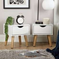 Home Source Pair Of Bedside Cabinets 1 Drawer White Side Table Solid Wood Legs Modern Style