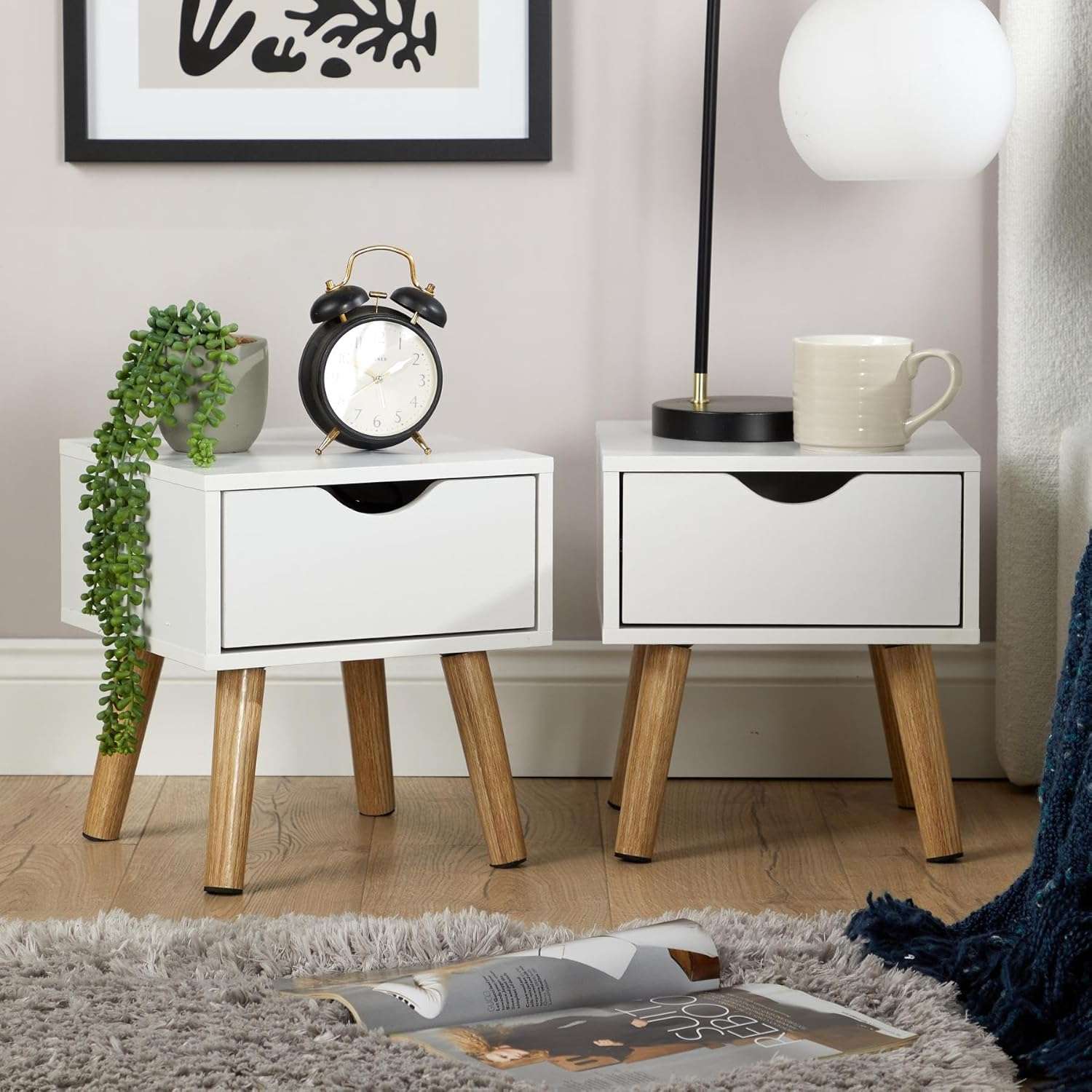 Home Source Pair Of Bedside Cabinets 1 Drawer White Side Table Solid Wood Legs Modern Style