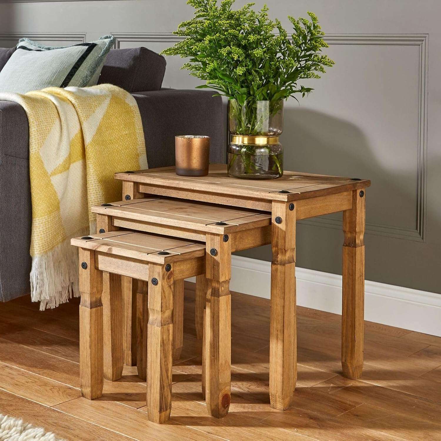 Home Source Solid Pine Wood Nest of Tables, Set of 3 for Living Room, Natural Finish