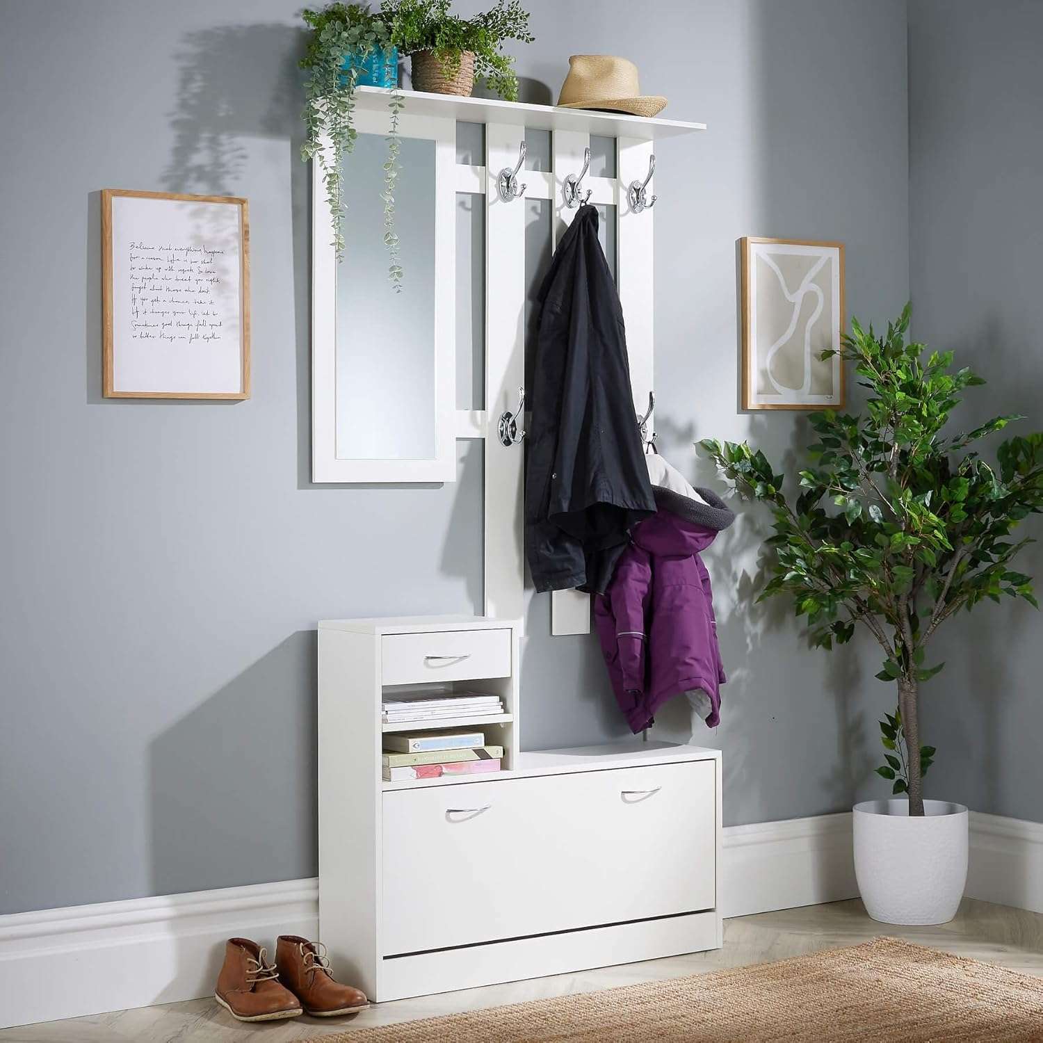 Home Source Wall Mounted 6 Hook Coat Rack with Mirror, Shoe Storage Bench and Drawer, White