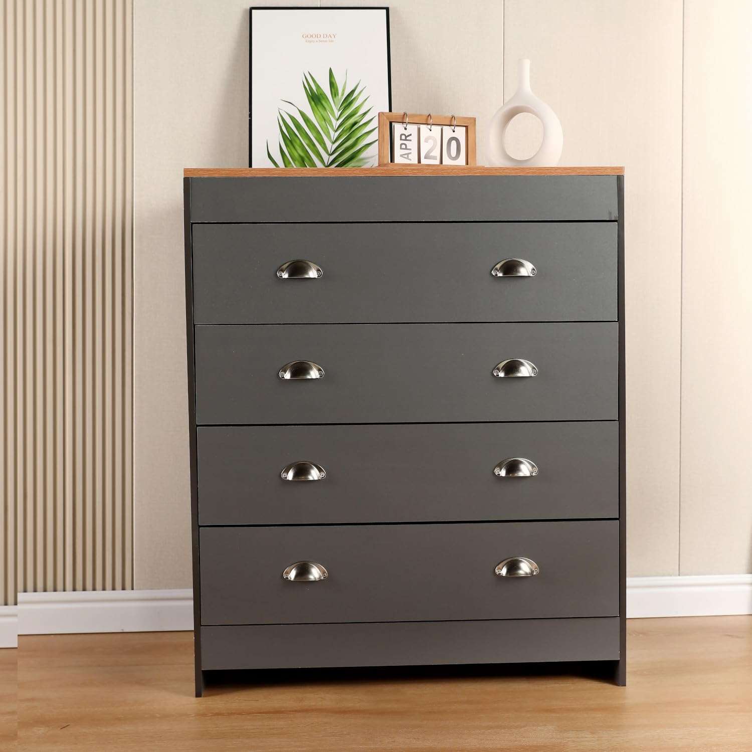 Home Treats Grey & Pine Chest Of 4 Drawers Wooden Oak Storage Organiser For Bedroom Office Livingroom Home Clothes Laundry, Anti Bowing Drawer Support (Grey & Pine)