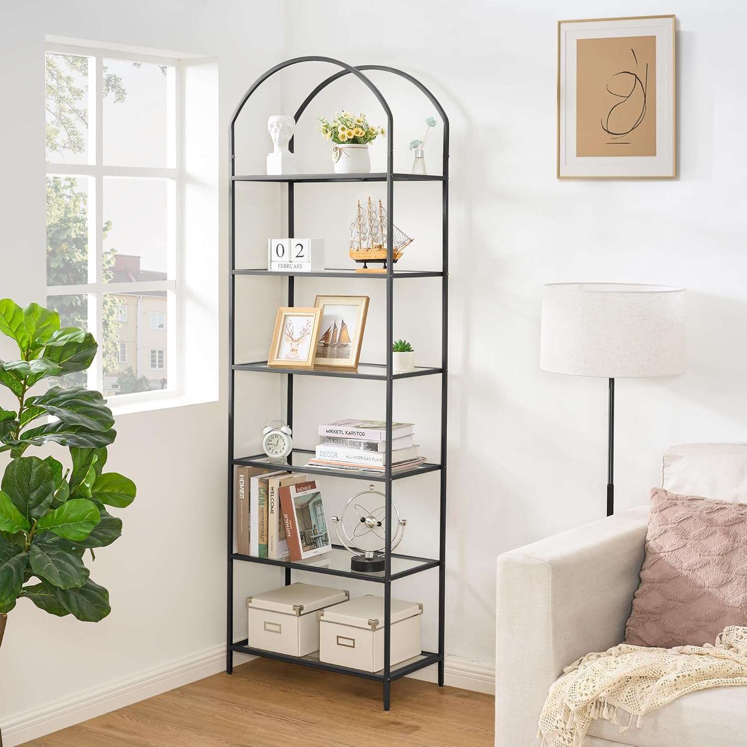 Homhedy Bookshelf Arched Display Racks,Metal Bookcase,Tempered Glass Shelves,Storage Rack Shelf for Home Office,Living Room,Bedroom, Bathroom,Modern Style (Black, 11.8" D x...