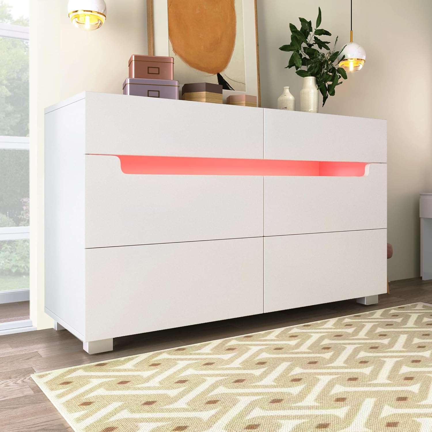 Jaxenor Sideboard LED Cabinet with 6 Drawers for Living Room, Dining Room, Hallway, Kitchen, Storage Display Cabinet with LED Light (App Control), 71x120x40 cm, White