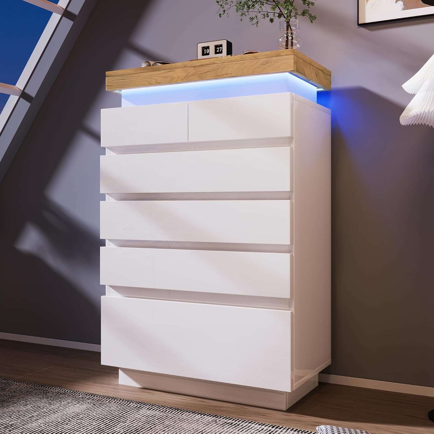 Jaxenor White High Gloss Sideboard LED Cabinet with 6 Drawers for Living Room, Dining Room, Hallway, Bedroom, Storage Display Cabinet with RGB LED, App-controlled (White)