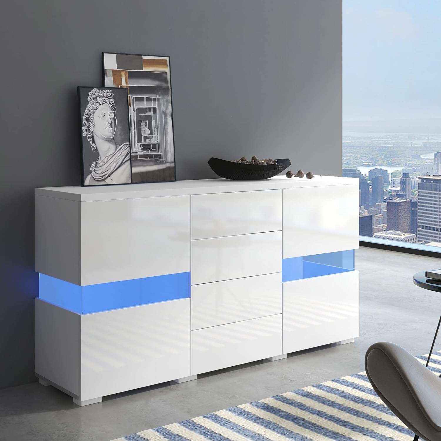 Jaxenor White High Gloss Sideboard with 2 Doors 4 Drawers for Living Room, Dining Room, Hallway, LED Sideboard with 16 Colours Light, USB Powered, 140x35x72 cm