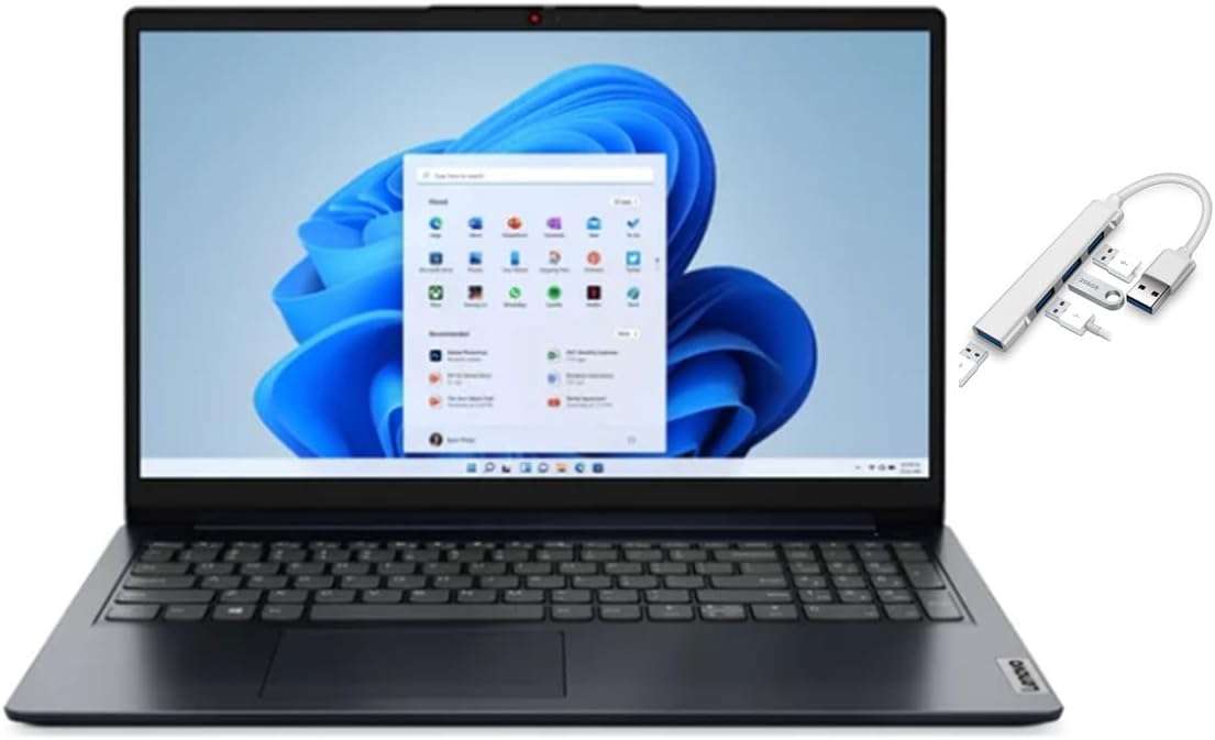 Lenovo Ideapad 1 15.6" FHD Laptop | AMD R3 7320U(Beat i5-1035G1) | 8GB RAM DDR5 | 512GB SSD | Intergrated Graphics | HDMI | Windows 11 Home | Bundle with USB 3.0 Hub