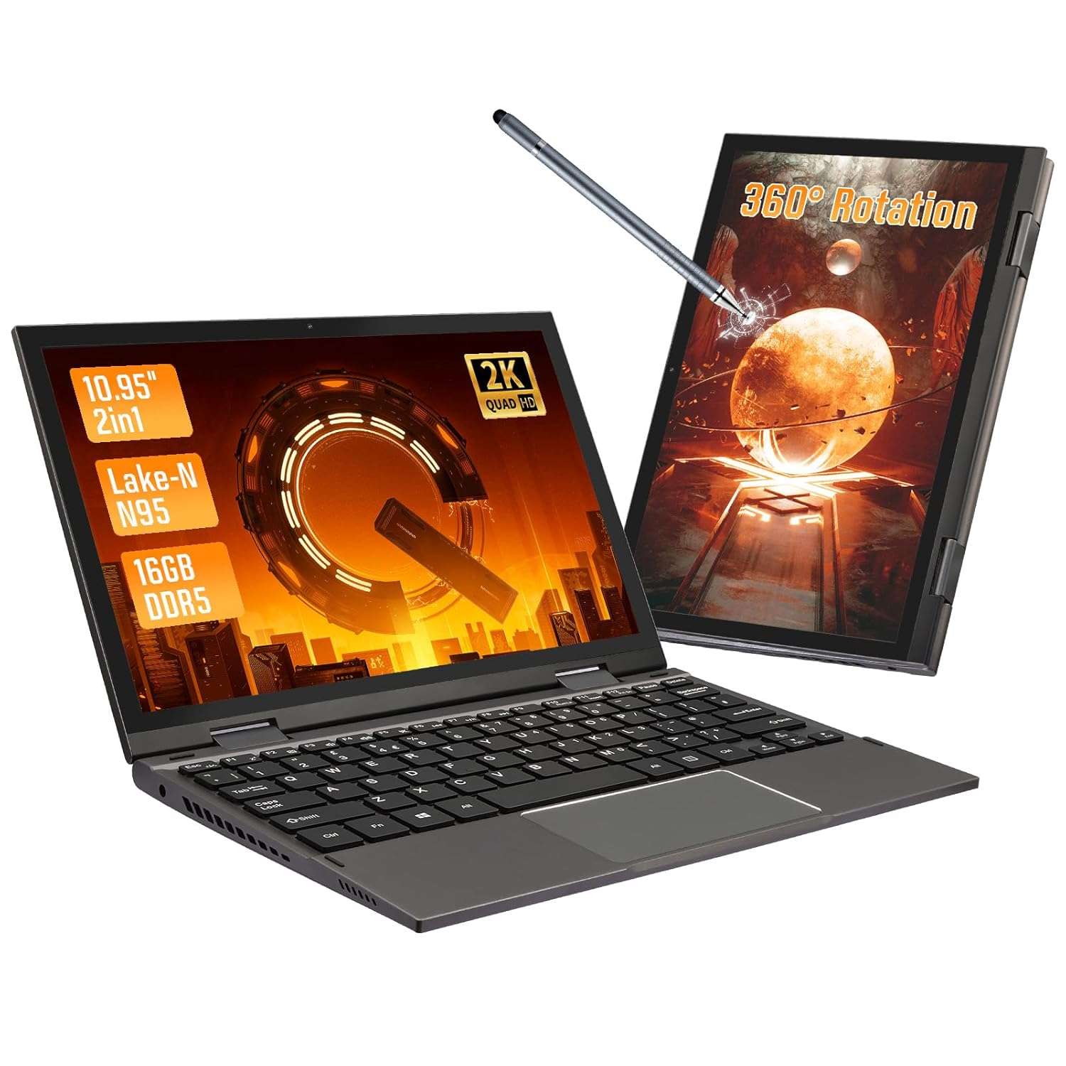 LONGEVINCE Mini Notebook Laptops, 10.95 inch 360° Rotation Ultrabook Computer, 2000*1200 Touch Display, Celeron N95 (up to 3.4 GHz), 16GB DDR5, Windows 11, Laptop with UK...