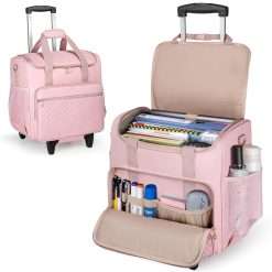 Luxja Rolling Teacher Bag with Laptop Compartment and Detachable Dolly, Multifunctional Rolling Teacher Tote Bag (Bag Only), Pink