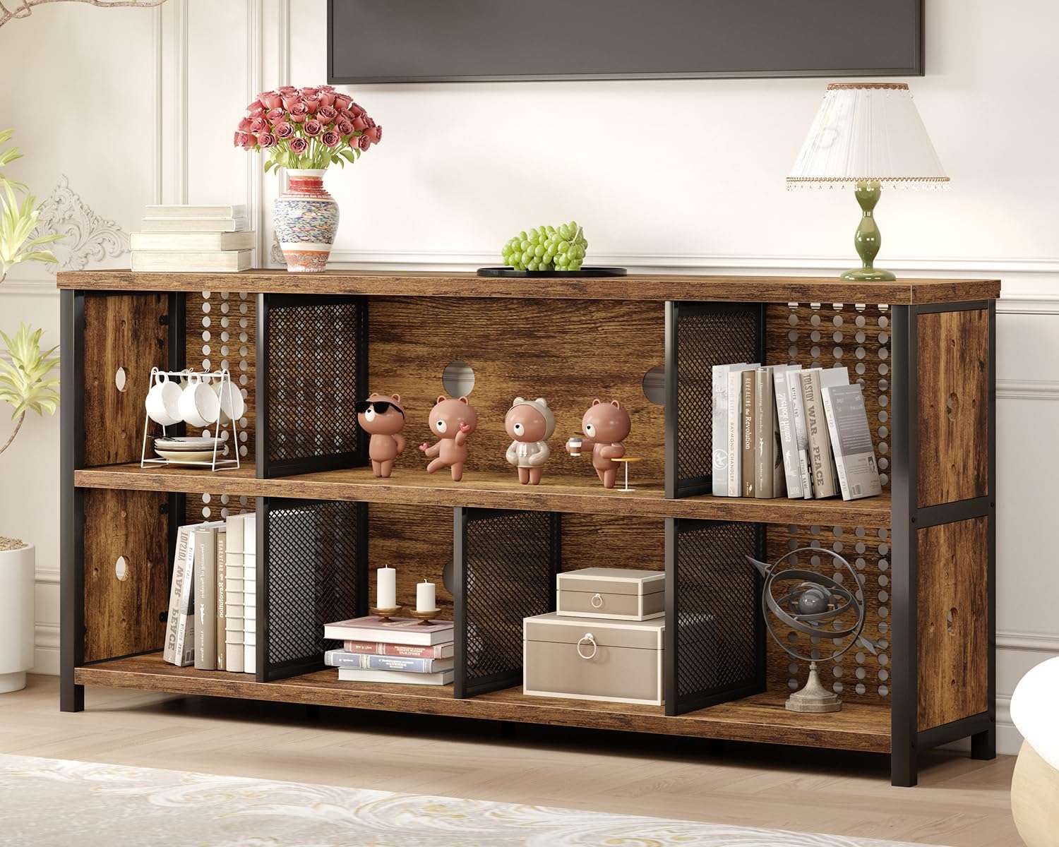 LVB Rustic Brown Bookcase, Wooden Standing Open Bookshelf, Cube Shelf with 2 Levels, Display Cabinet with 8 Open Compartments, Standing Shelf for Living Room, Office, Study, 160...