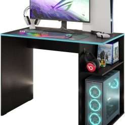 Madesa Gaming Computer Desk 39 Inch with 2 Shelves and Headphone Hanger Wooden Sturdy Home Office Table for Kids and Adults - Black/Blue