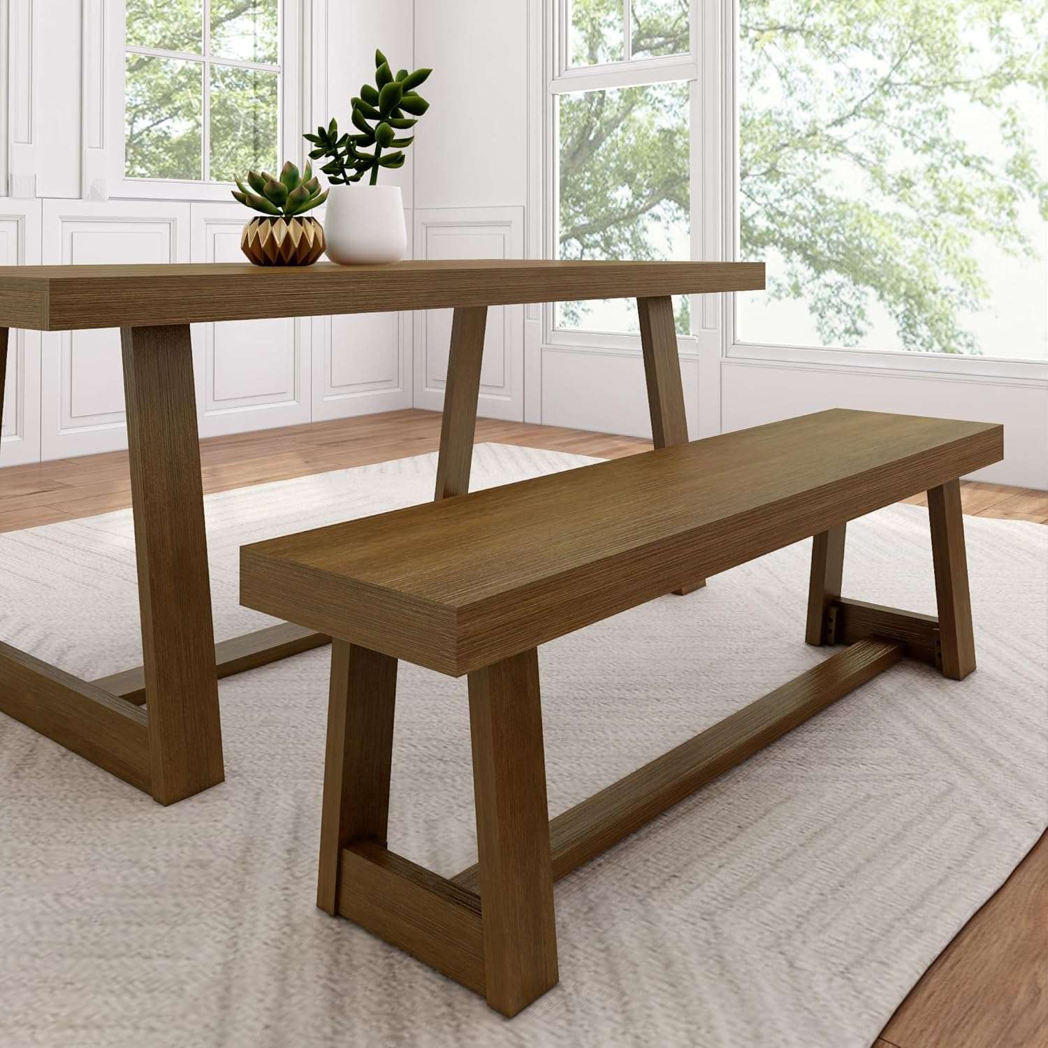 Maxwood Furniture Plank plus Beam 60 inch Farmhouse Dining Bench, Pecan Wirebrush
