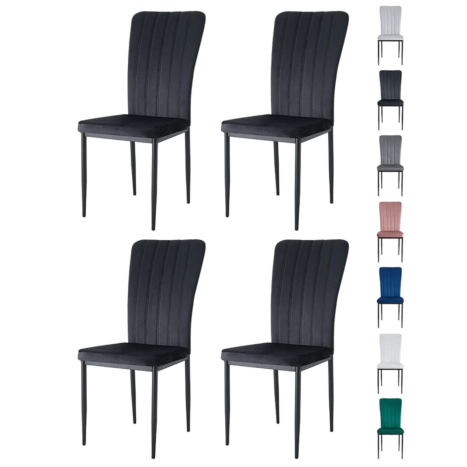 mcc direct Set of 4 Dining Chairs, Velvet High Back Kitchen Chairs with Upholstered Soft Seat and Metal Legs for Home, Office, Dining and Reception - Elle (Black)