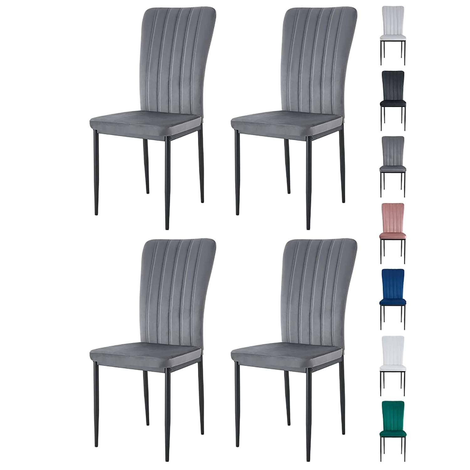 mcc direct Set of 4 Dining Chairs, Velvet High Back Kitchen Chairs with Upholstered Soft Seat and Metal Legs for Home, Office, Dining and Reception - Elle (Dark Grey)