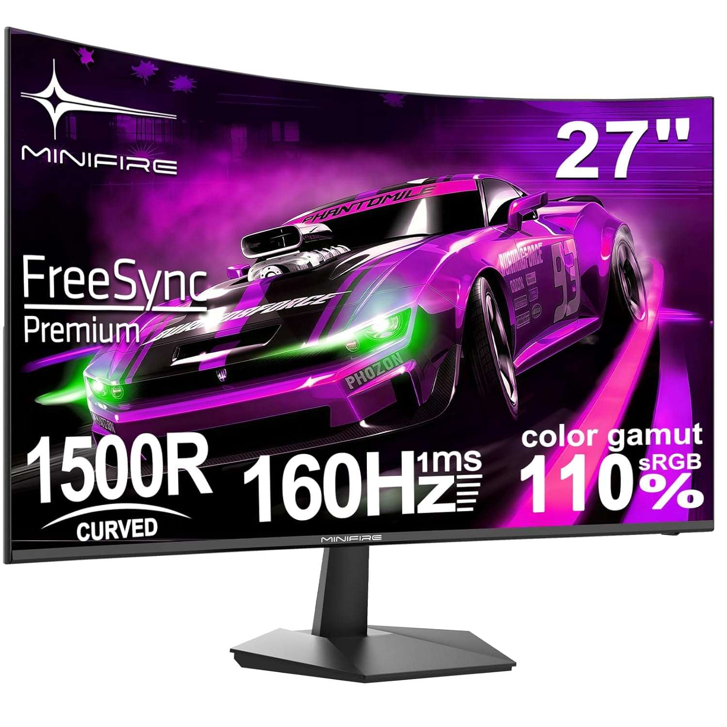 Minifire 27 Inch Gaming Monitor, 160Hz, Curved Gaming Monitor, 1500R, 1Ms, sRGB130%, FHD 1080P Computer Screen, VESA Compatible, Eye Care Adaptive Sync HDMI&DP Prots (MFG27C1L )