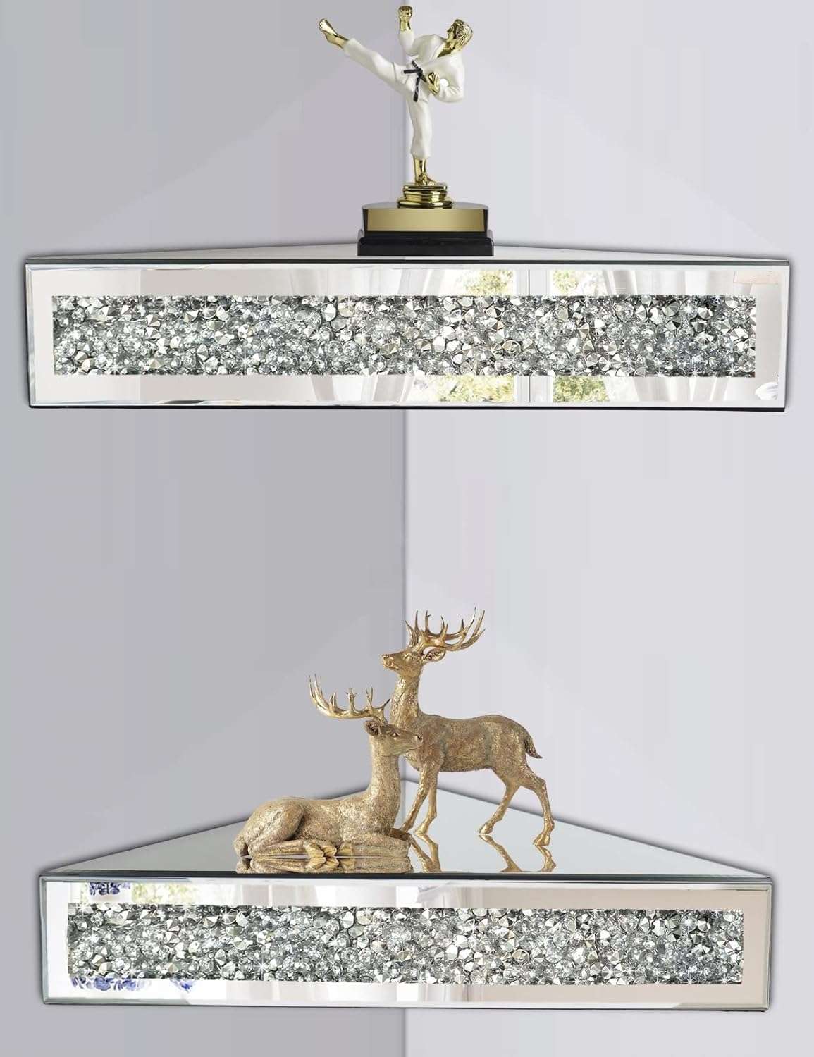 Mirrored Floating Corner Shelf, Silver Mirror Crushed Diamond Decorative Wall Shelf for Home Decoration Crystal Diamond Wall Art Decor Accent Piece Showcase 11.8" L×11.8" W×3.1"...