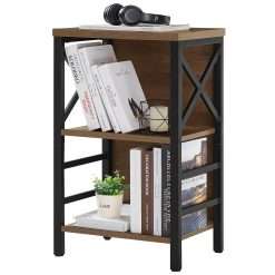 MNEETRUNG Small Bookshelf,3 Tier Industrial Bookcase with Metal Frame and Backboard,Low Rustic Brown Book Shelf,Book case for Small Spaces,Living Room,Bedroom and Home Office