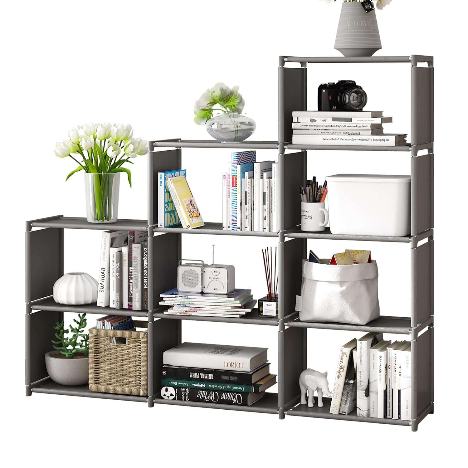 MOYIPIN Bookshelves, Assembled Storage Rack, Bedroom Living Room Vertical Cabinet Bookshelf, Double Row 9-Grid Multi-Functional Storage Equipment (Grey)