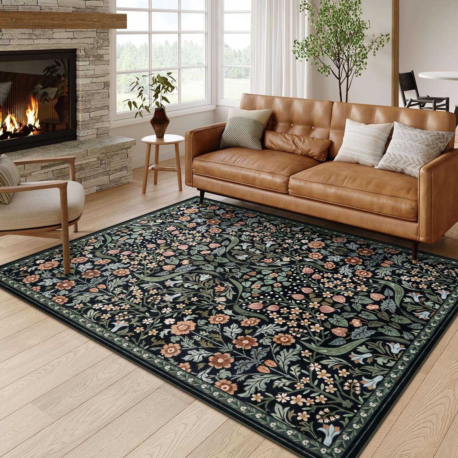 Moynesa Floral 5x7 Living Room Area Rug, Soft Washable Rugs for Bedroom, Non Slip Ultra Thin Boho Rug Botanical Stain Resistant Floor Carpet for Dining Room Home Office, Black