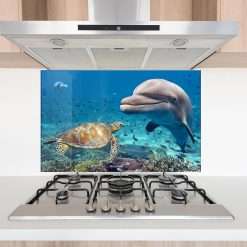Myphotostation 30.4x25.4cm Ocean Companions Dolphin and Turtle Glass Splashback for stove Tempered Glass Backsplash, Glass Backguards For Kitchen, Cooker Wall Panel, Stove Back...