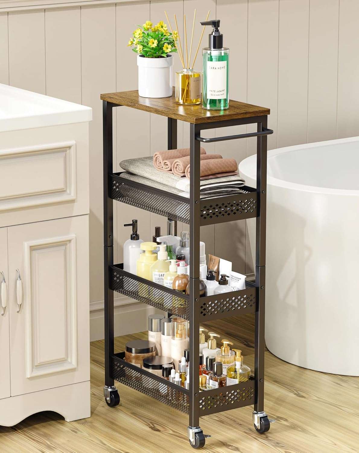 OKZEST Utility Slim Storage Cart, 4-Tier Narrow Bathroom Organizer and Storage Cart, Metal Narrow Kitchen Laundry Room Organization Rack with Wood Top, Slim Rolling Shelf with...