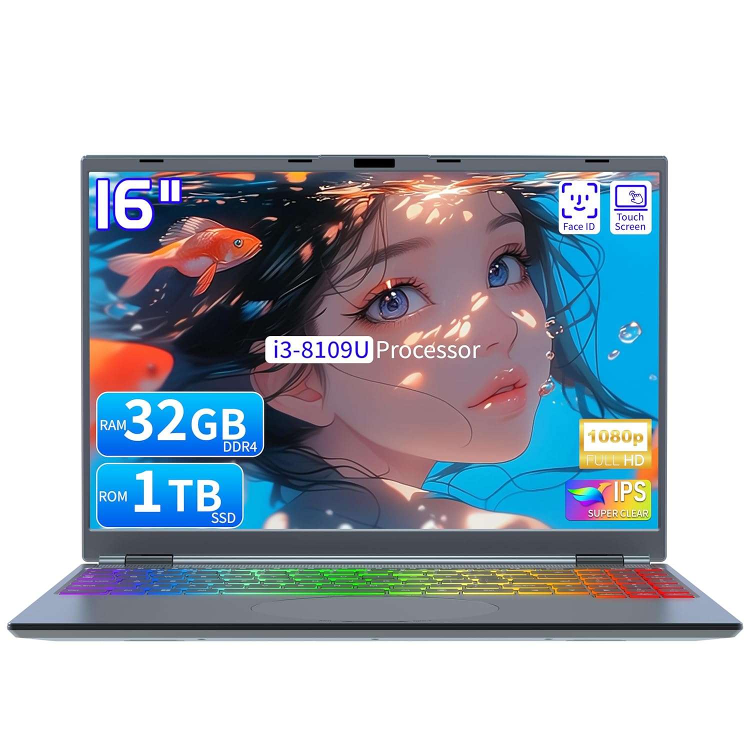 OMSERVB 16" Touch Screen Laptop, i3-8109U, 32GB RAM, SSD, RGB Backlit Keyboard, Face & Fingerprint Recognition, 180 Degree Opening and Closing, Win 11 Pro (32GB RAM | 1TB SSD)
