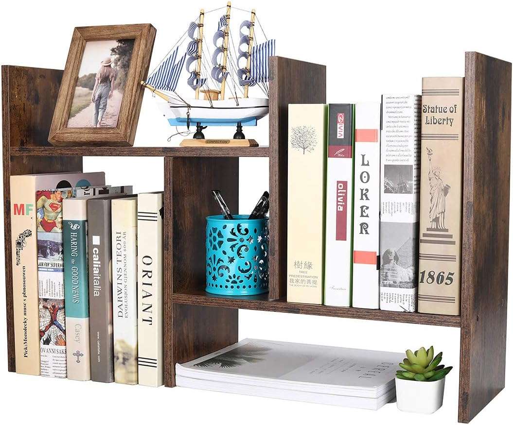 PAG Adjustable Wood Desktop Bookshelf,Small Desk Shelves Freestanding Home and Office Supplies Storage,Display Shelf Desk Tidy Organiser,Brown