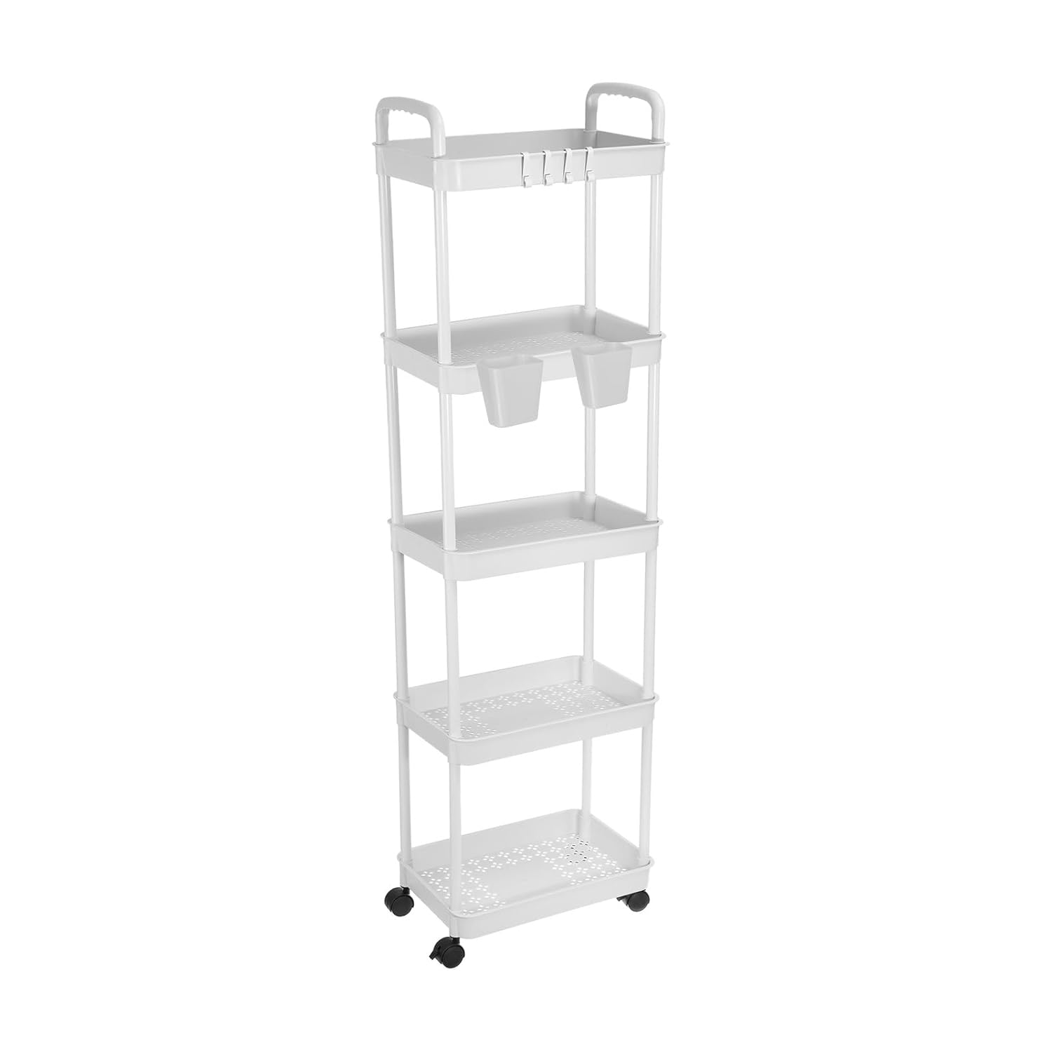 PATIKIL 5-Tier Rolling Utility Cart with Handle, Storage Shelves Organizer Cart Movable Storage Organizer with Hanging Baskets for Room Office Kitchen Bathroom, White