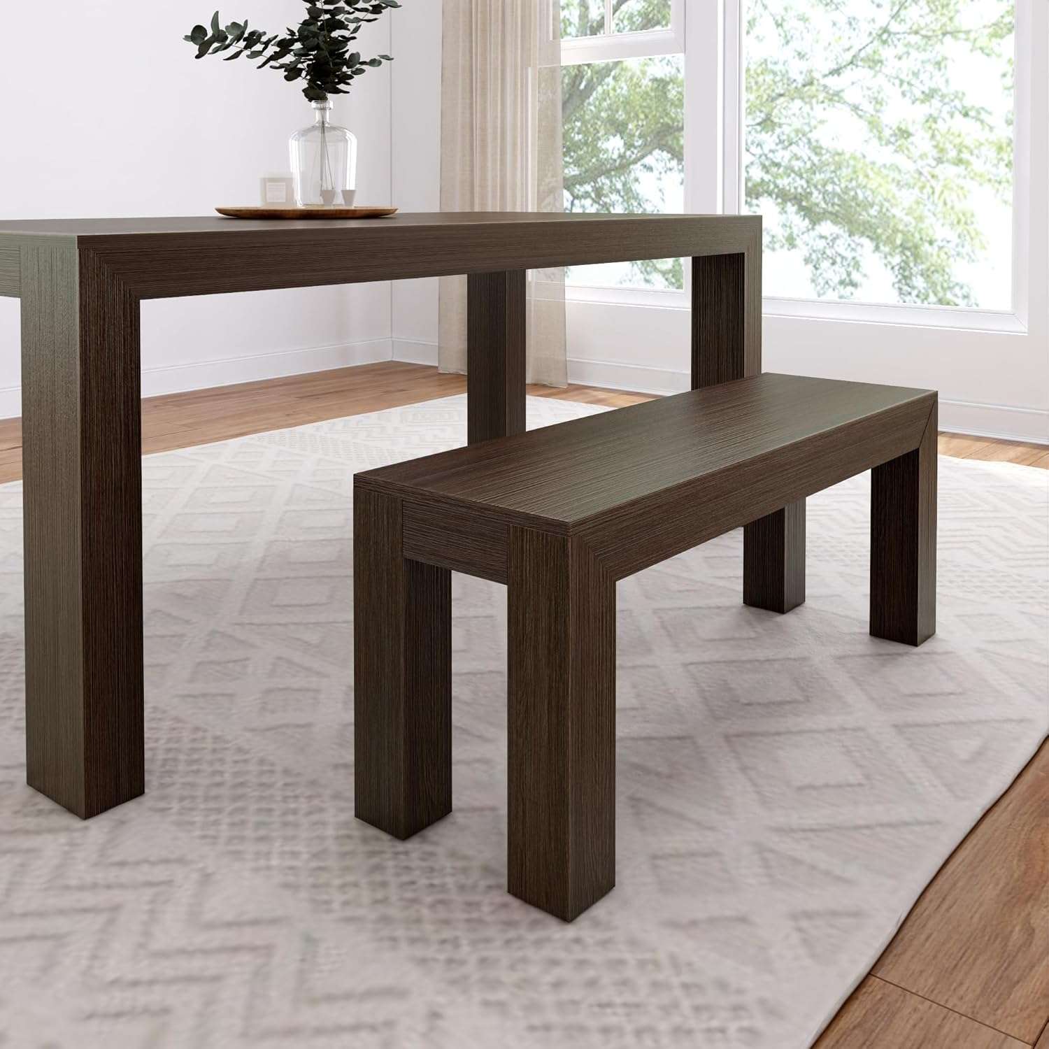 Plank+Beam Modern Walnut Wirebrush Bench, 124.5Cm Dining Bench, Solid Pine Wood, Straight Wood Legs, Easy Assembly, 3 Seater