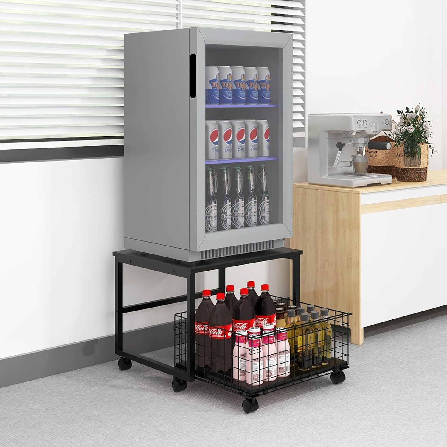 PUNCIA Mobile Mini Fridge Stand with Large Capacity Storage Portable Refrigerator Table with 4 Lockable Wheels Appliance Platform Table with Drawer Basket Rolling Fridge Cart...