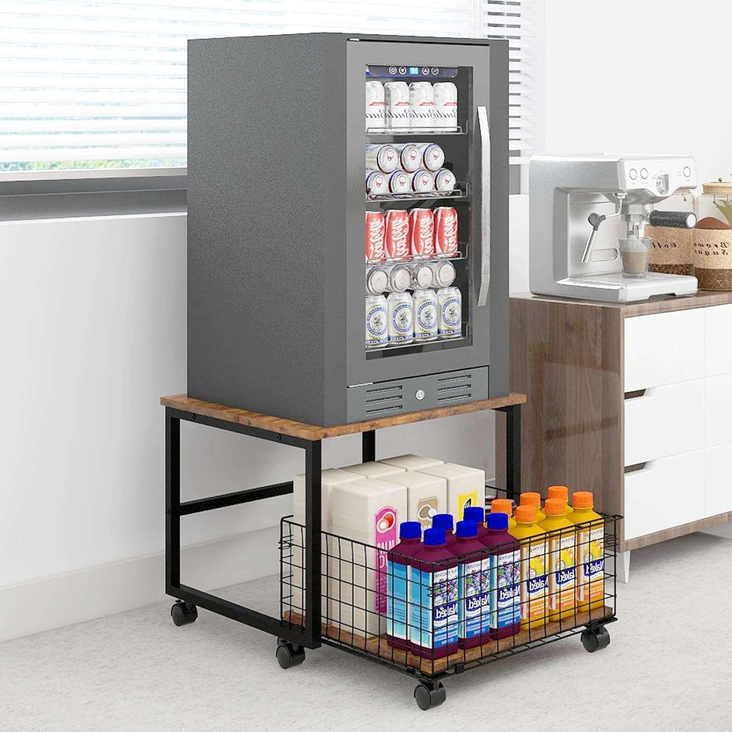 PUNCIA Mobile Mini Fridge Stand with Large Capacity Storage Portable Refrigerator Table with 4 Lockable Wheels Appliance Platform Table with Drawer Basket Rolling Fridge Cart...
