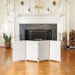 Red Lantern 2 ft. Short Woven Fiber Folding Screen - 4 Panel - White